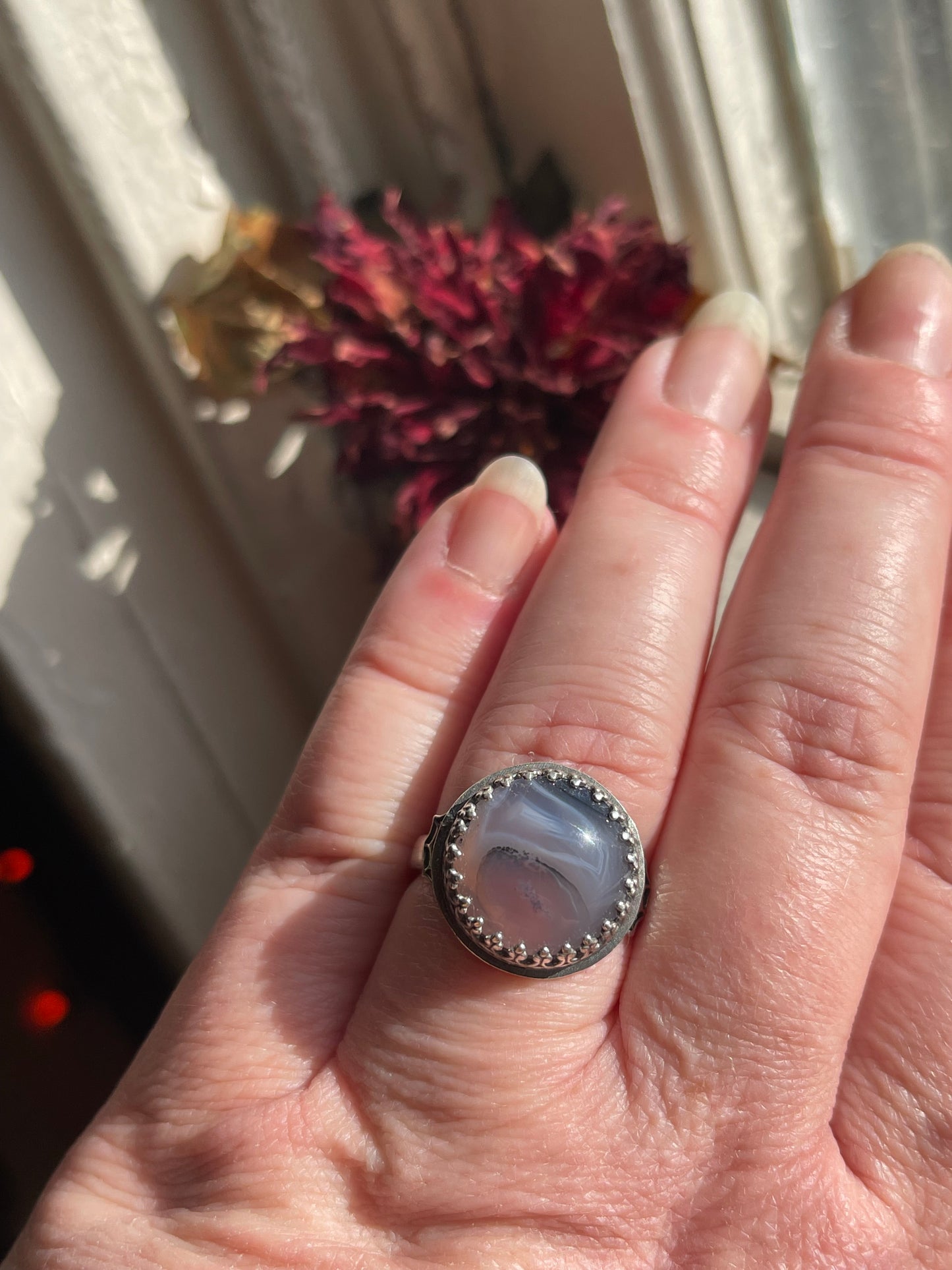 *Lilith• Purple Moss Agate Spiderweb Ring Size 9.5