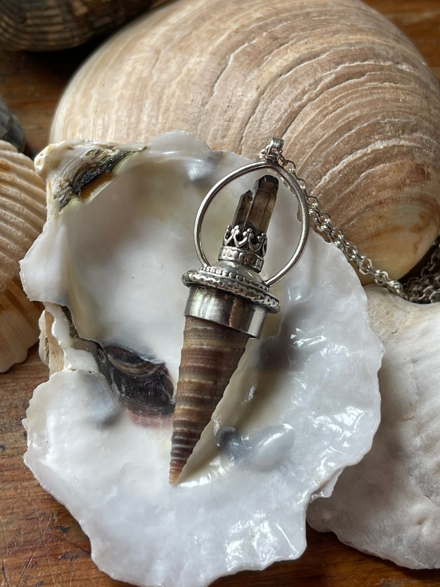 Ocean Royalty: Smokey Quartz Crystal Cone Shell Statement Necklace