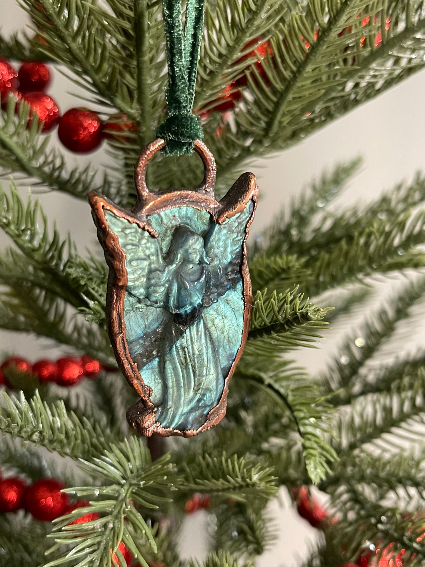 *Carved Labradorite Copper Angel Ornament