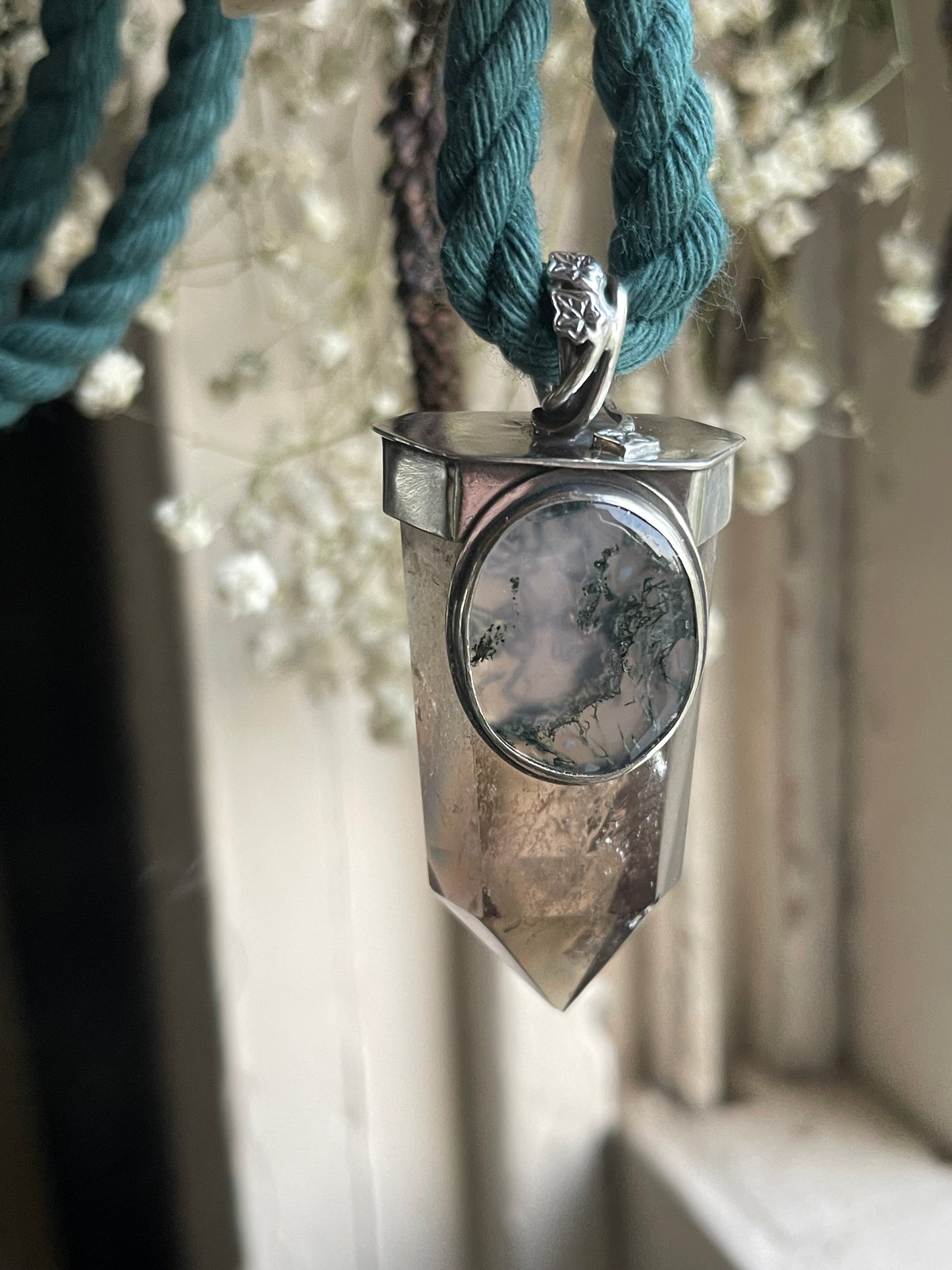 *Climbing Ivy Crystal Statement Necklace • Smokey Quartz & Moss Agate • Sterling Silver