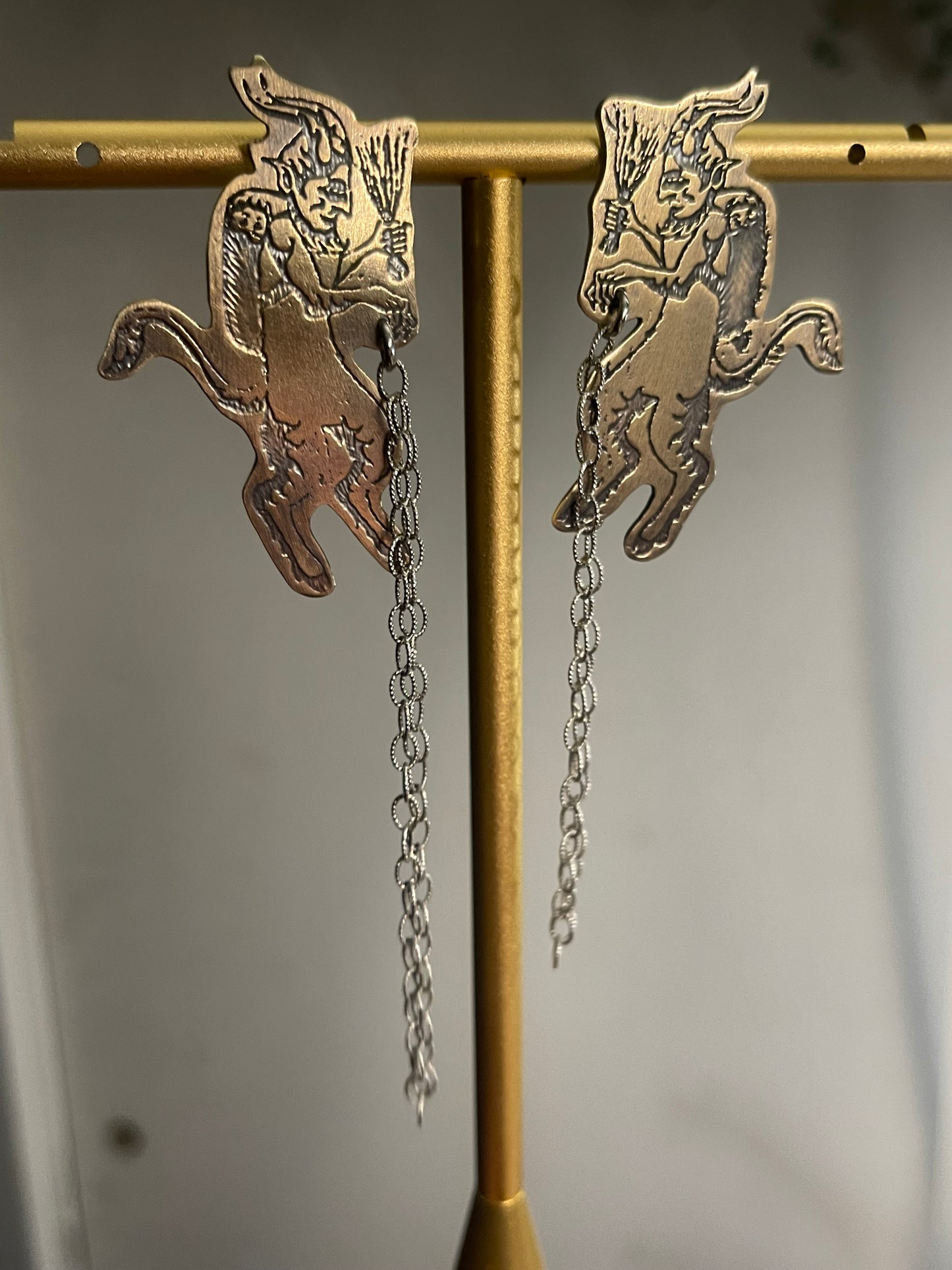 Naughty List • Etched Brass Krampus Stud Dangle Earrings