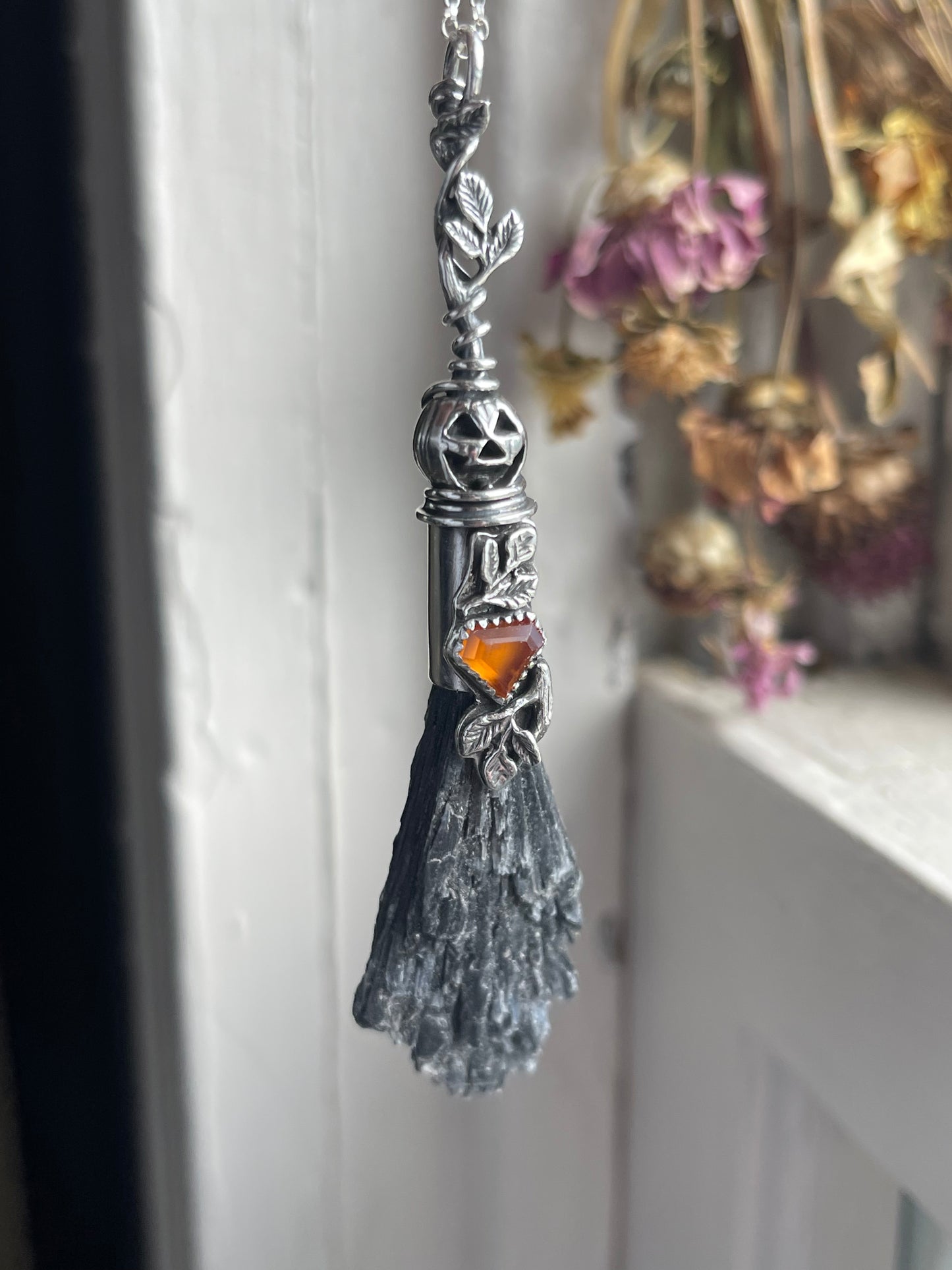 Glowing Garnet Pumpkin Autumn Witch Crystal Broom Pendant