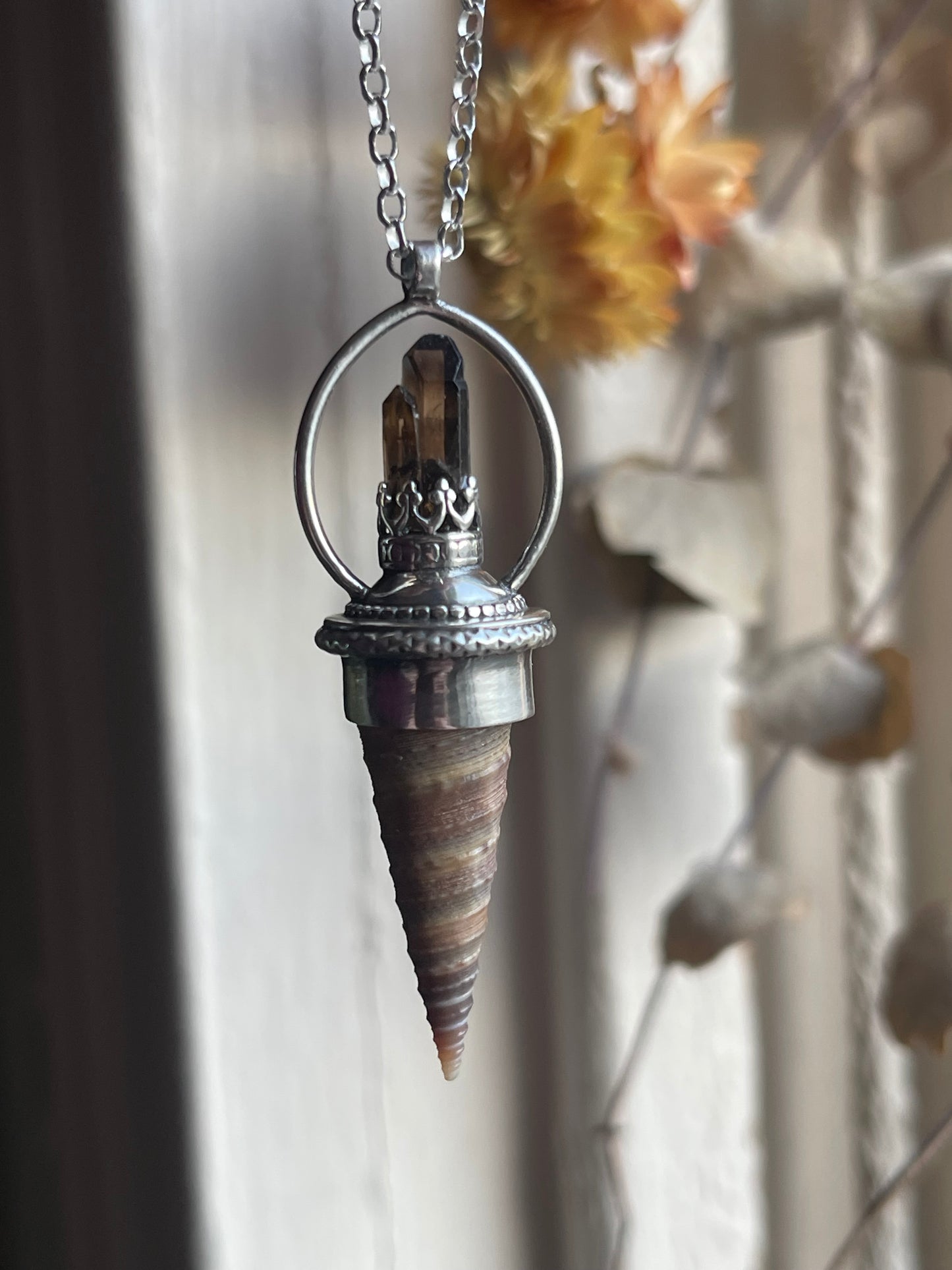 Ocean Royalty: Smokey Quartz Crystal Cone Shell Statement Necklace