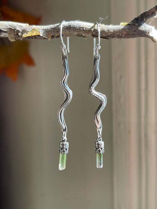 *Beithir • Green Tourmaline Crystal Serpent Dangle Earrings