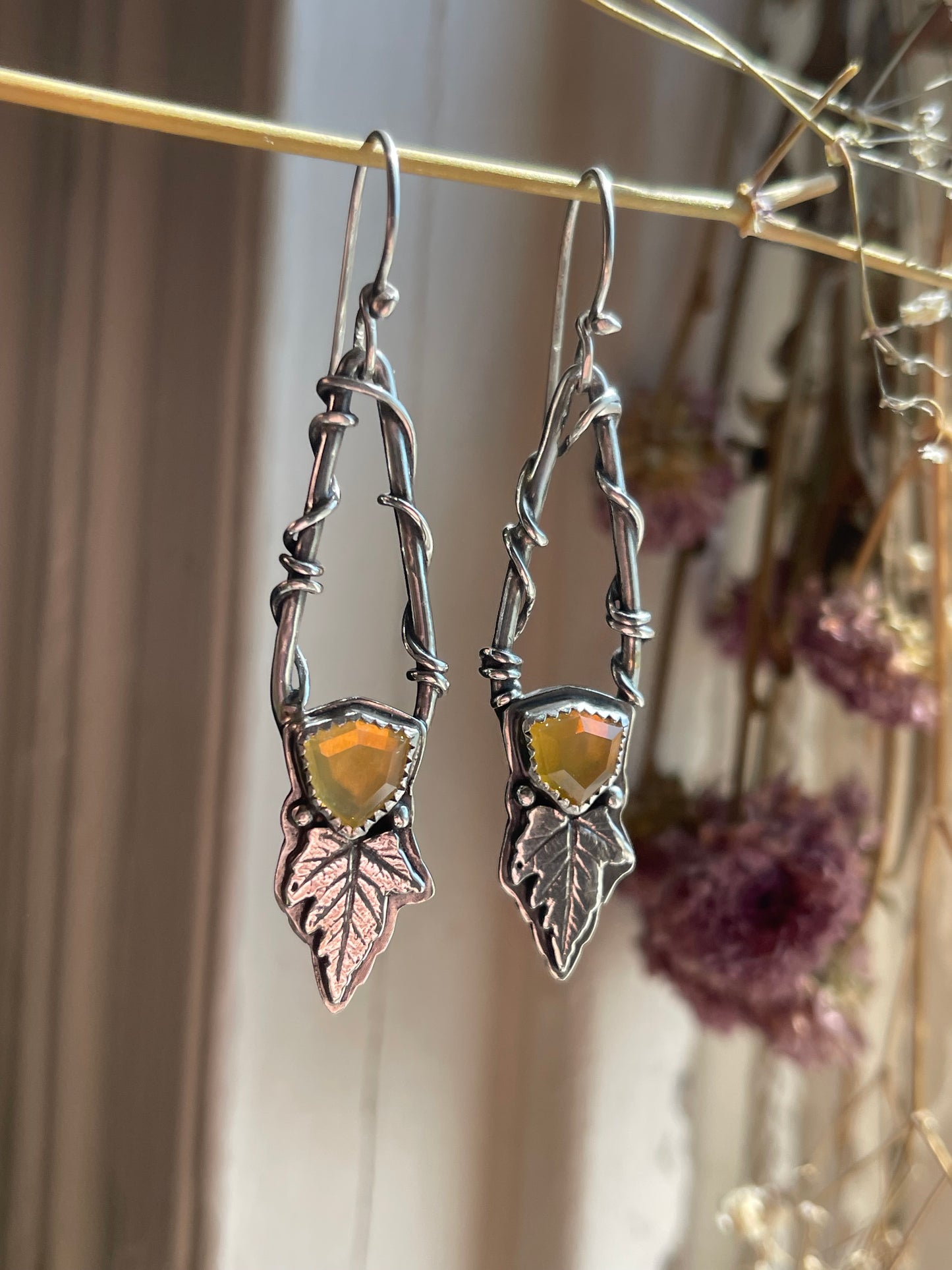 Leaves of Lórien • Oregon Fire Opal Leaf Drop Dangle Earrings