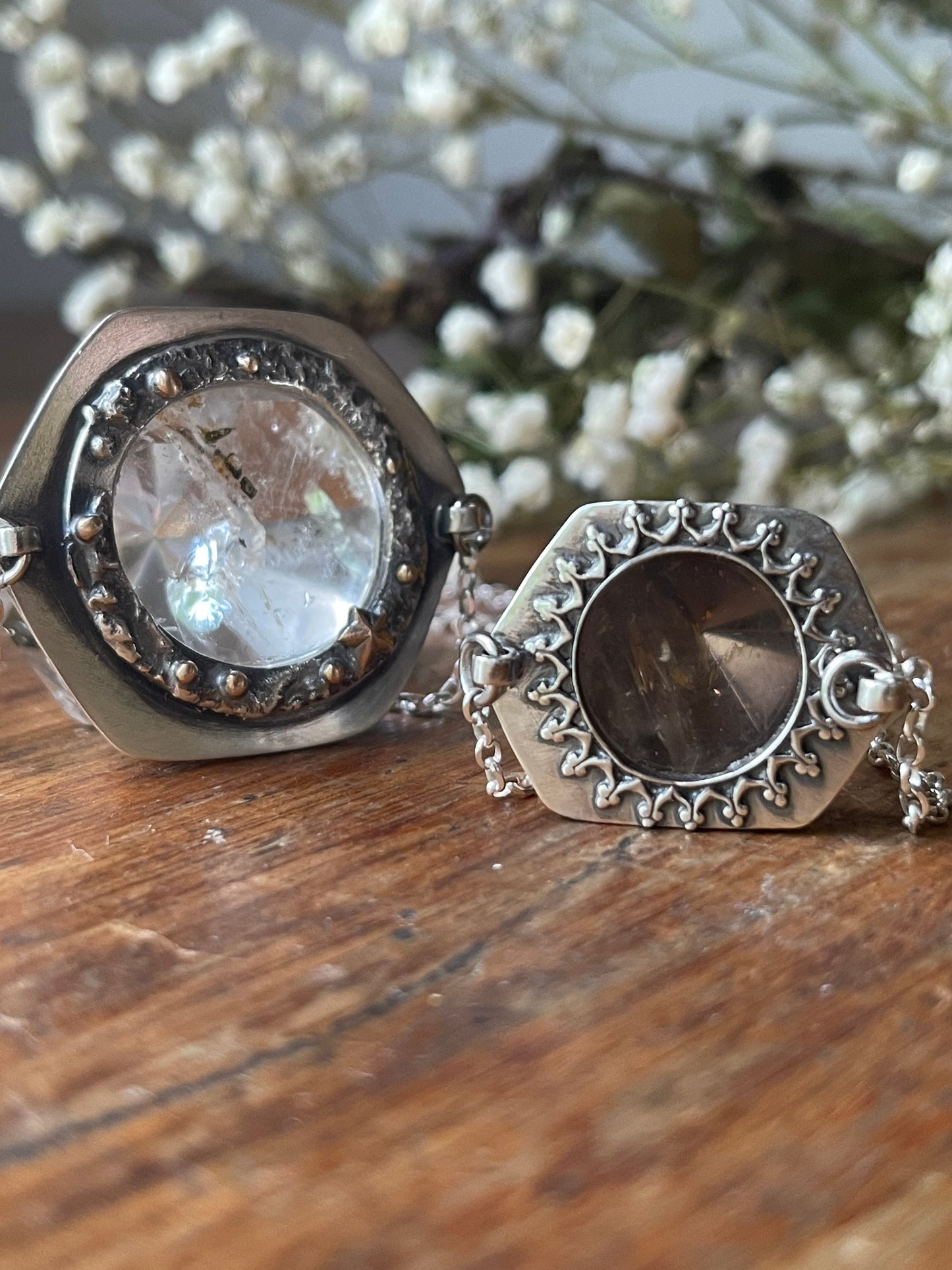 *Viking Gold • Included Quartz Kaleidoscope Statement Crystal Necklace • Sterling Silver & 14K Gold