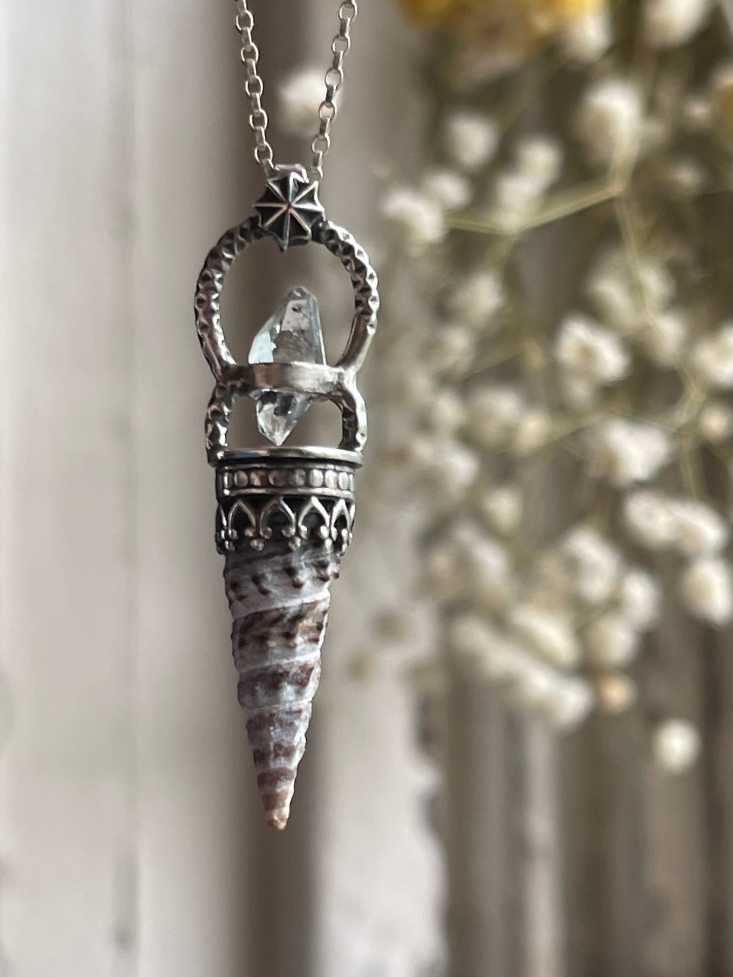 *The Celestial Tides Crystal Cone Seashell Pendant Necklace • Herkimer Diamond • Sterling Silver