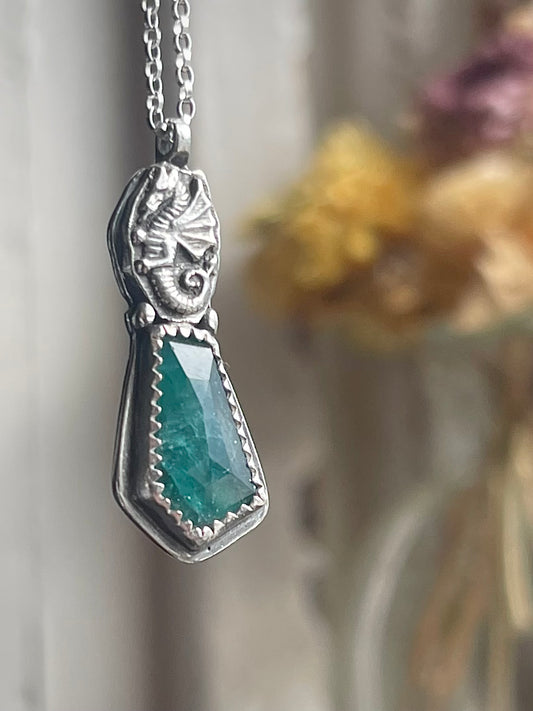 Selkie’s Tear • Grandidierite Dragon Fine Silver Charm Necklace