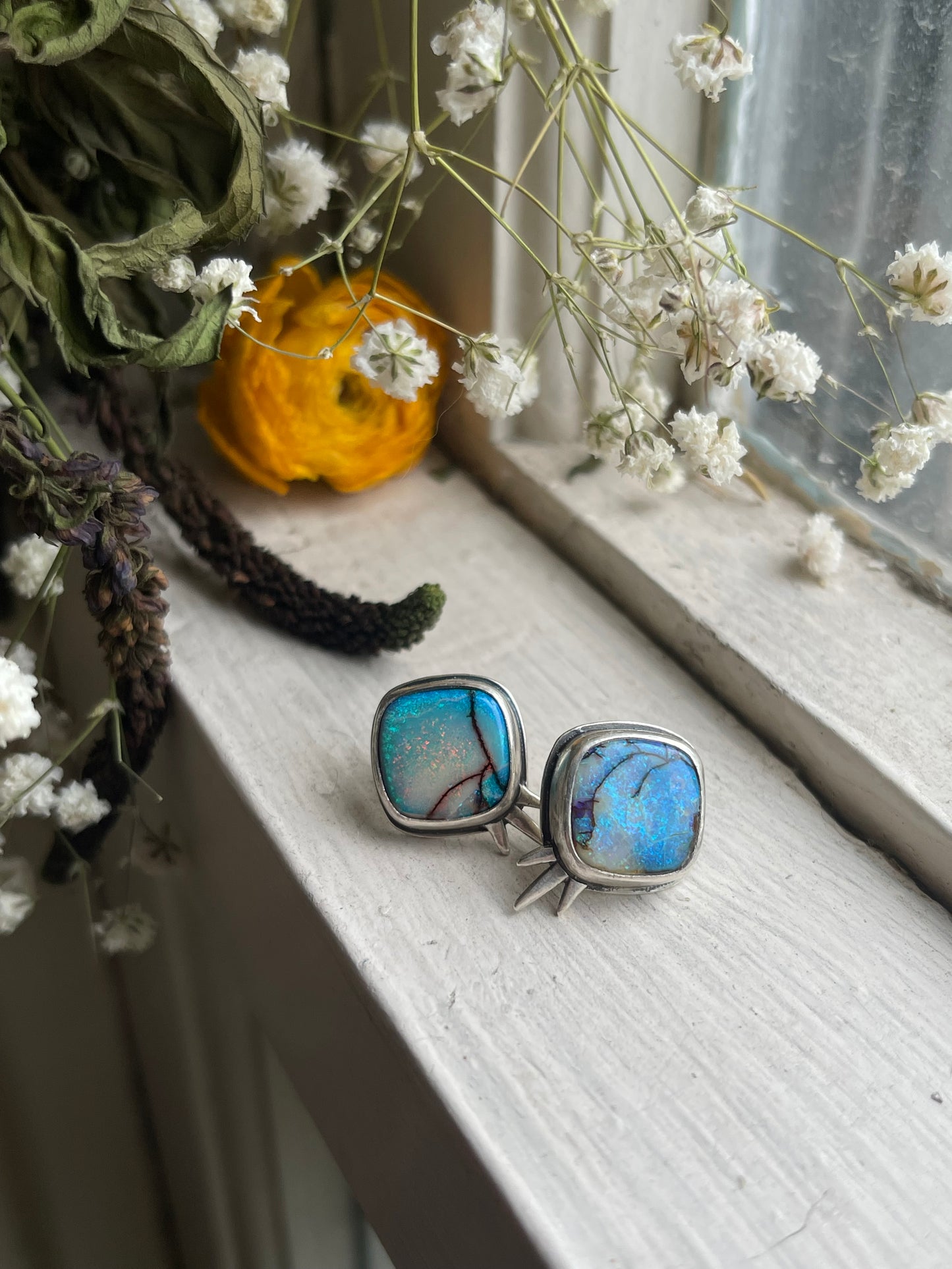 *Frost in the Flowers • Sterling Opal Stud Earrings • Sterling Silver