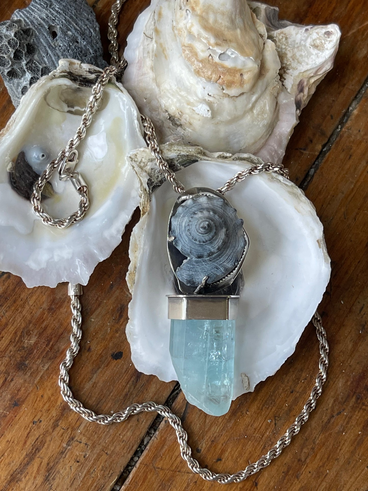 *The Azure Empress • Aquamarine crystal Black Seashell PENDANT ONLY • Sterling Silver