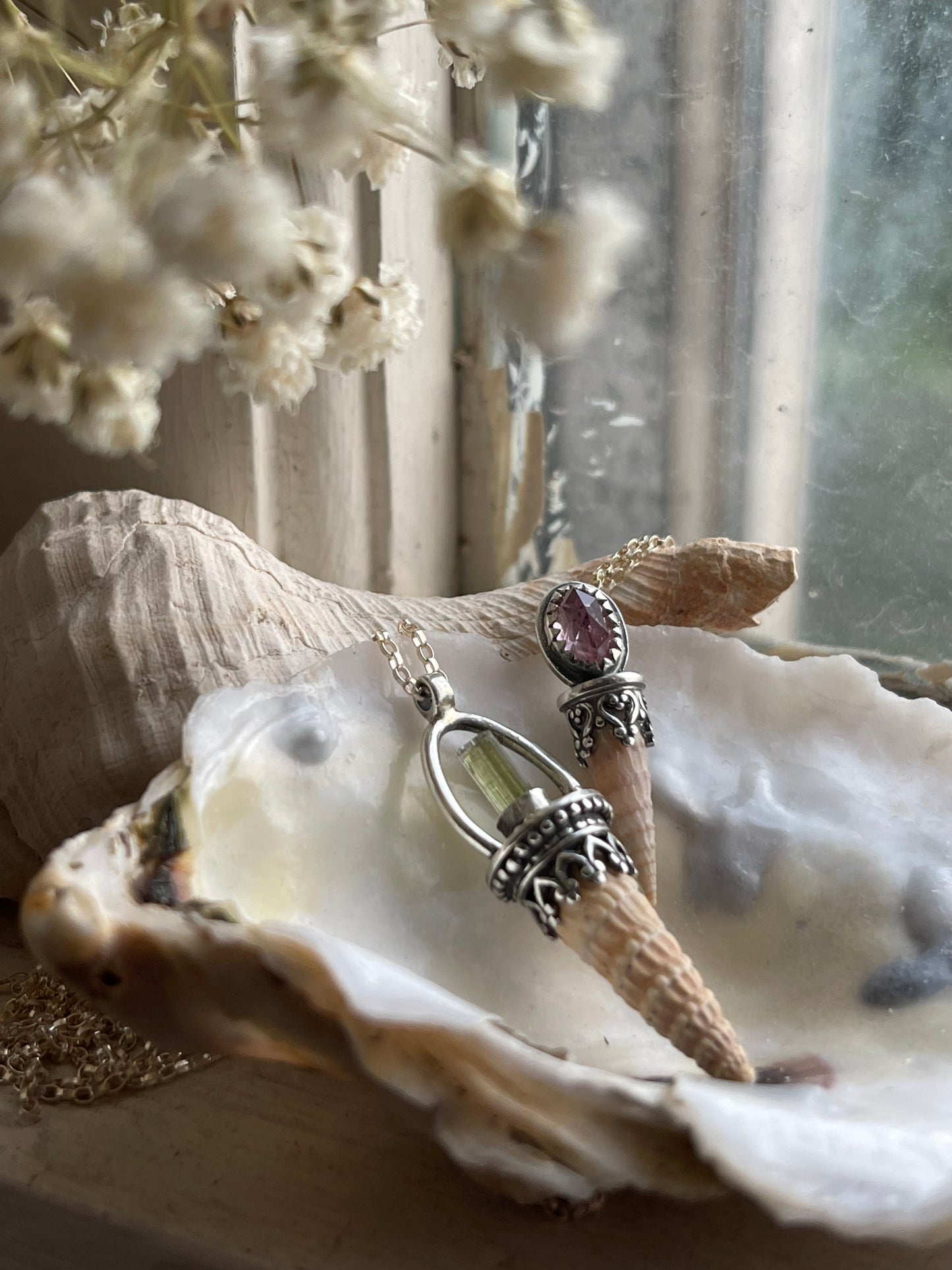 *The Orange Creamsicle Crystal Cone Seashell Pendant Necklace • Tourmlaine and Sterling Silver