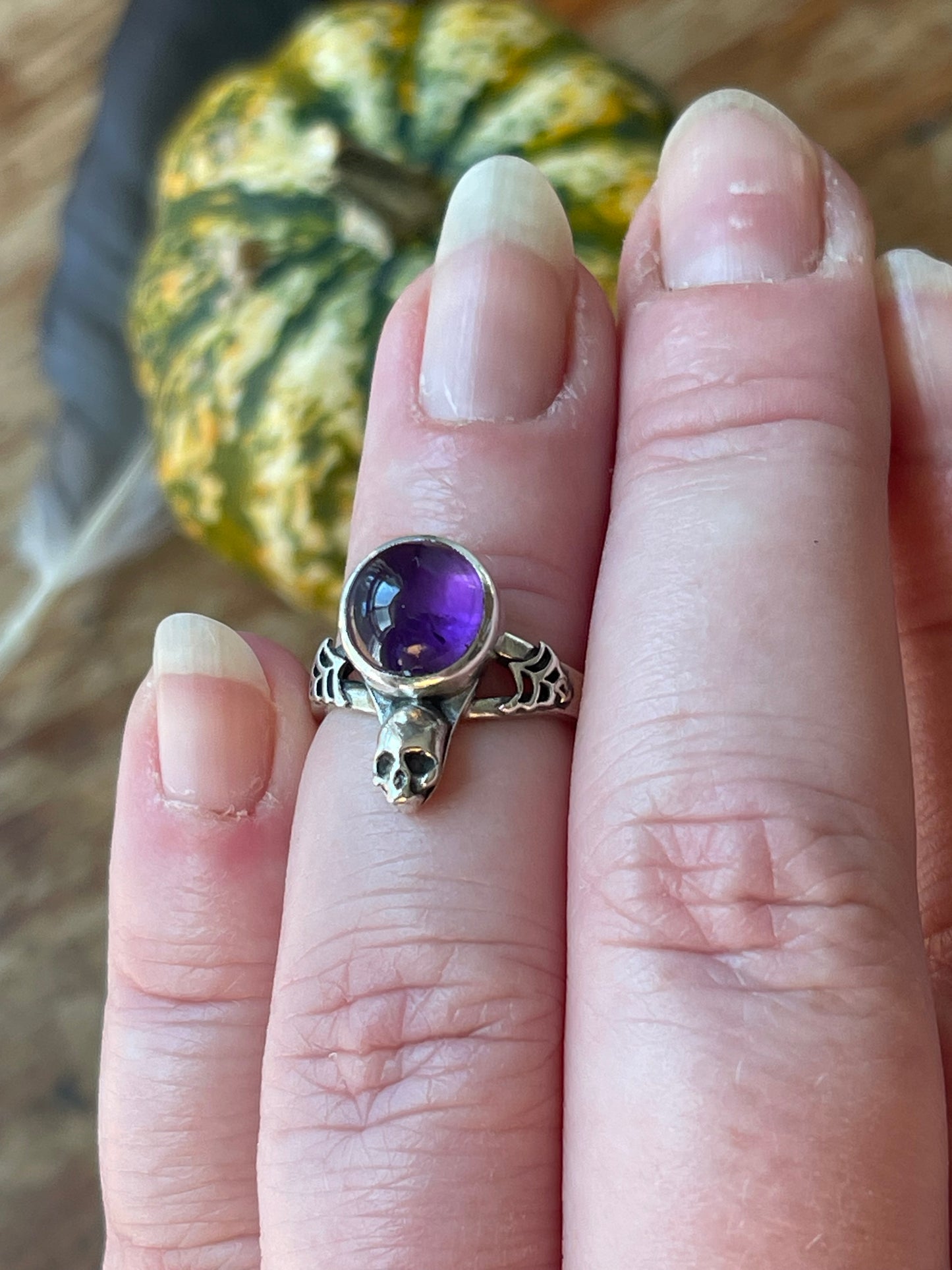 *Elvira • Glowing Amethyst Spiderweb Skull Ring Size 5