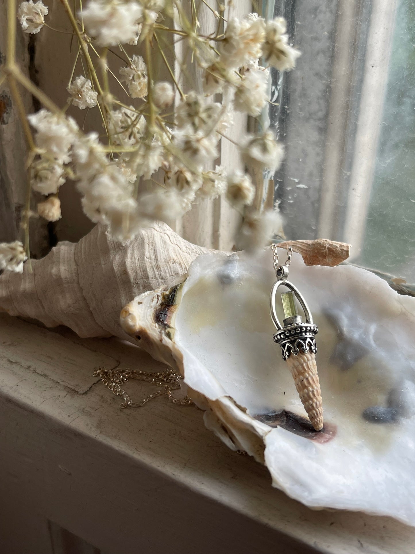*The Orange Creamsicle Crystal Cone Seashell Pendant Necklace • Tourmlaine and Sterling Silver