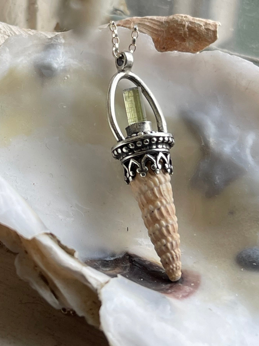 *The Orange Creamsicle Crystal Cone Seashell Pendant Necklace • Tourmlaine and Sterling Silver