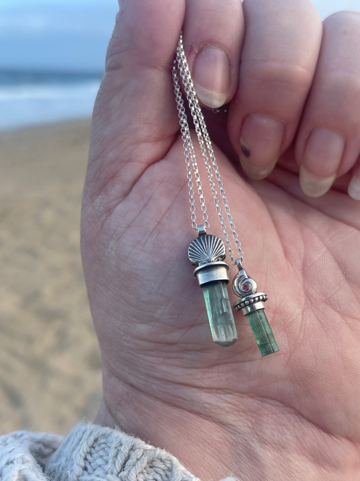 Sea Spray • Blue Watermelon Tourmaline Crystal Sea Charm Necklace