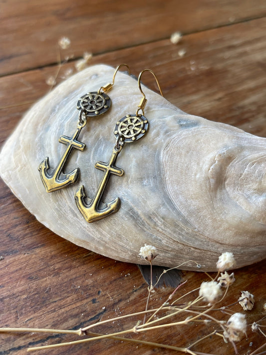 Anchors Away! Brass Nautical Anchor Dangle Earrings