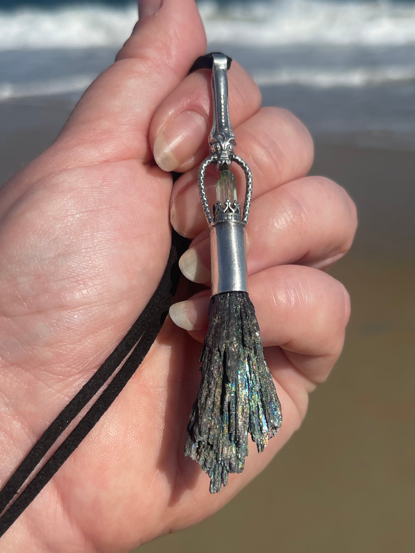 *Green Dragon Witch Crystal Broom Pendant