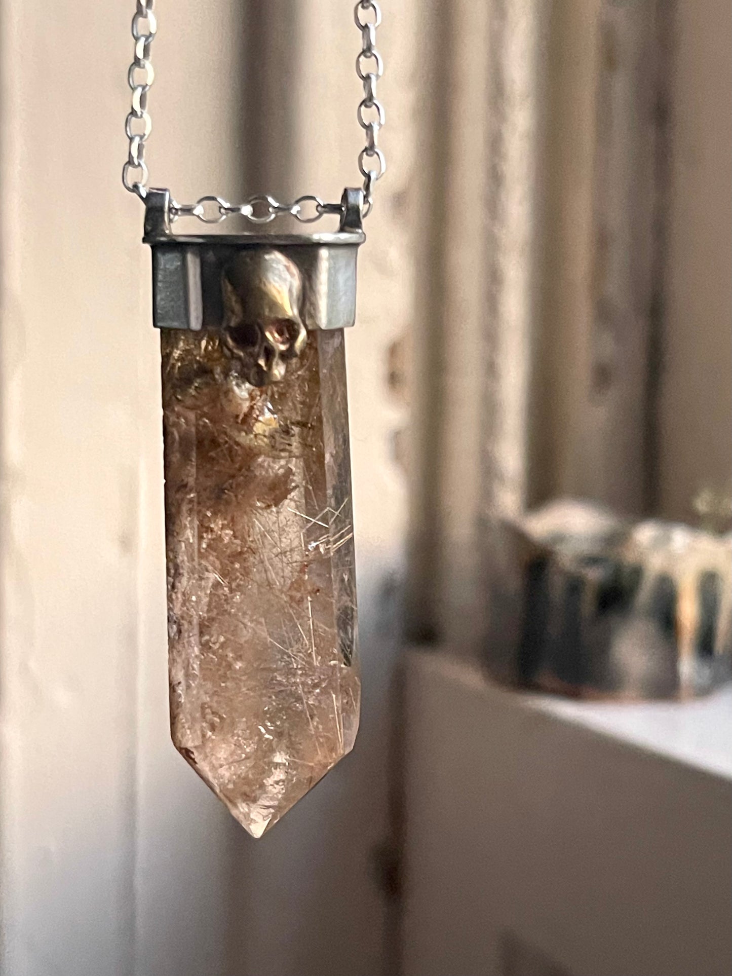 *Thinning of the Veil • Golden Rutilated Quartz Crystal Mixed Metals Skull Necklace