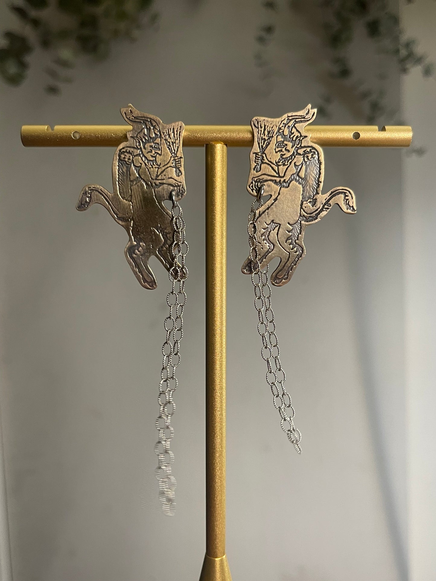 Naughty List • Etched Brass Krampus Stud Dangle Earrings