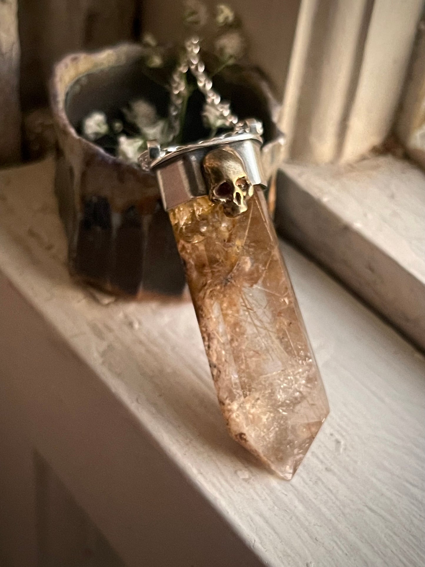 *Thinning of the Veil • Golden Rutilated Quartz Crystal Mixed Metals Skull Necklace