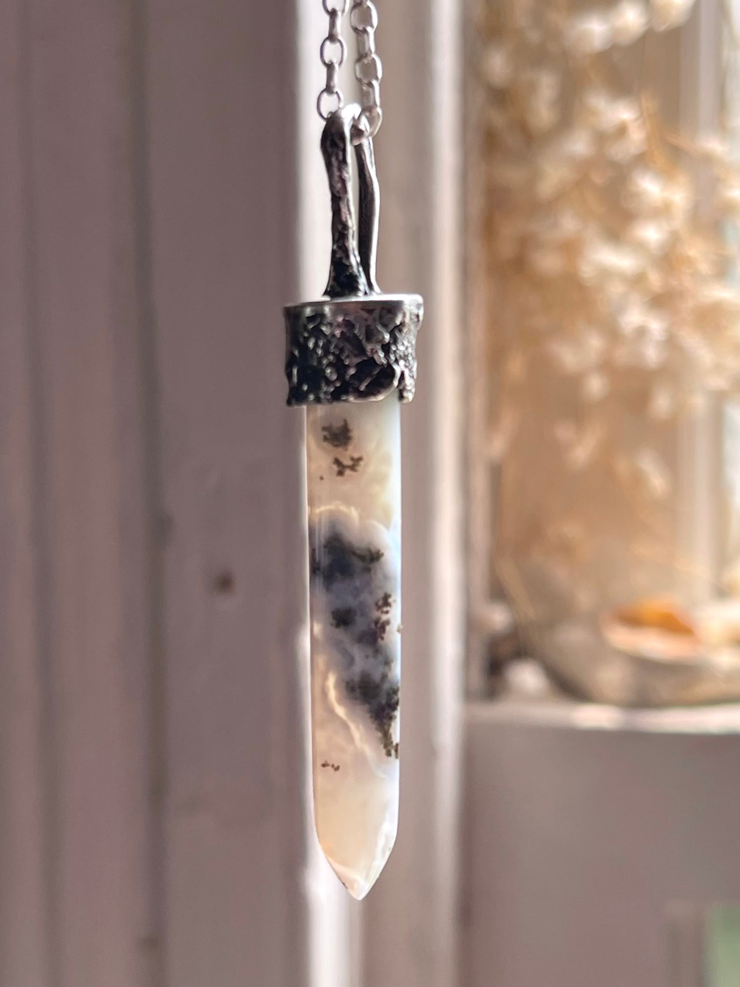 *Sea Mist • Moss Agate Crystal Pendant Necklace • Reticulated Silver