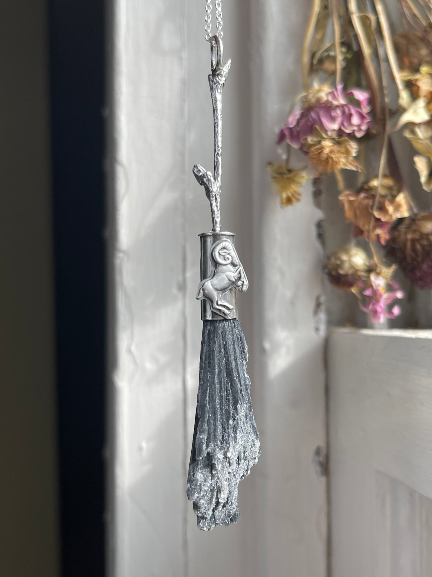 Aries Ram Forest Witch Crystal Broom Pendant