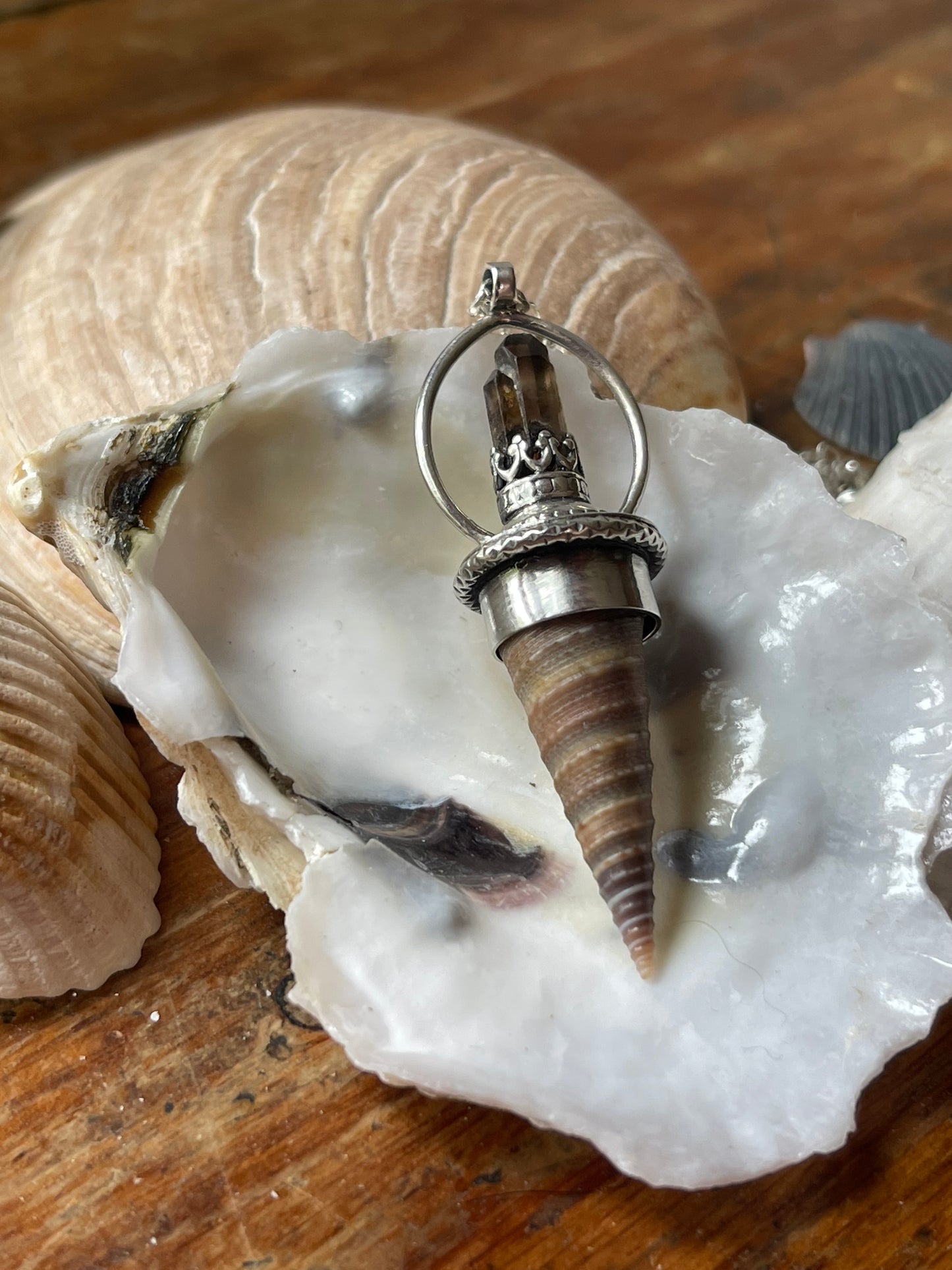 Ocean Royalty: Smokey Quartz Crystal Cone Shell Statement Necklace