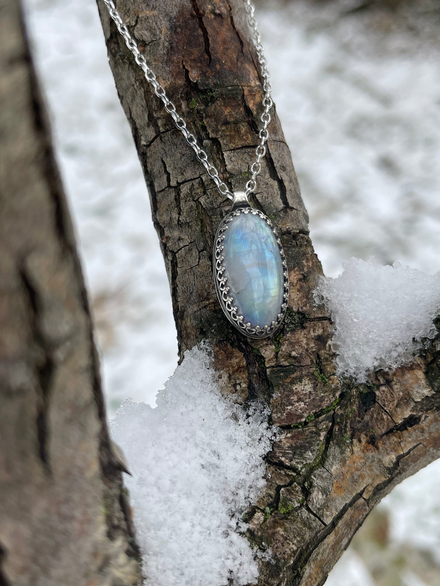 *Winter Sun • Sterling Silver Rainbow Moonstone Pendant Necklace