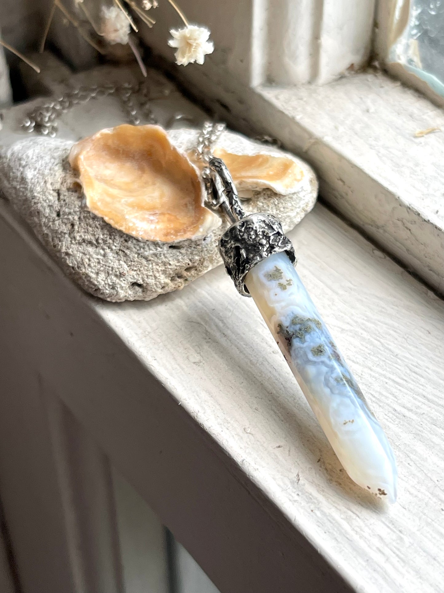 *Sea Mist • Moss Agate Crystal Pendant Necklace • Reticulated Silver