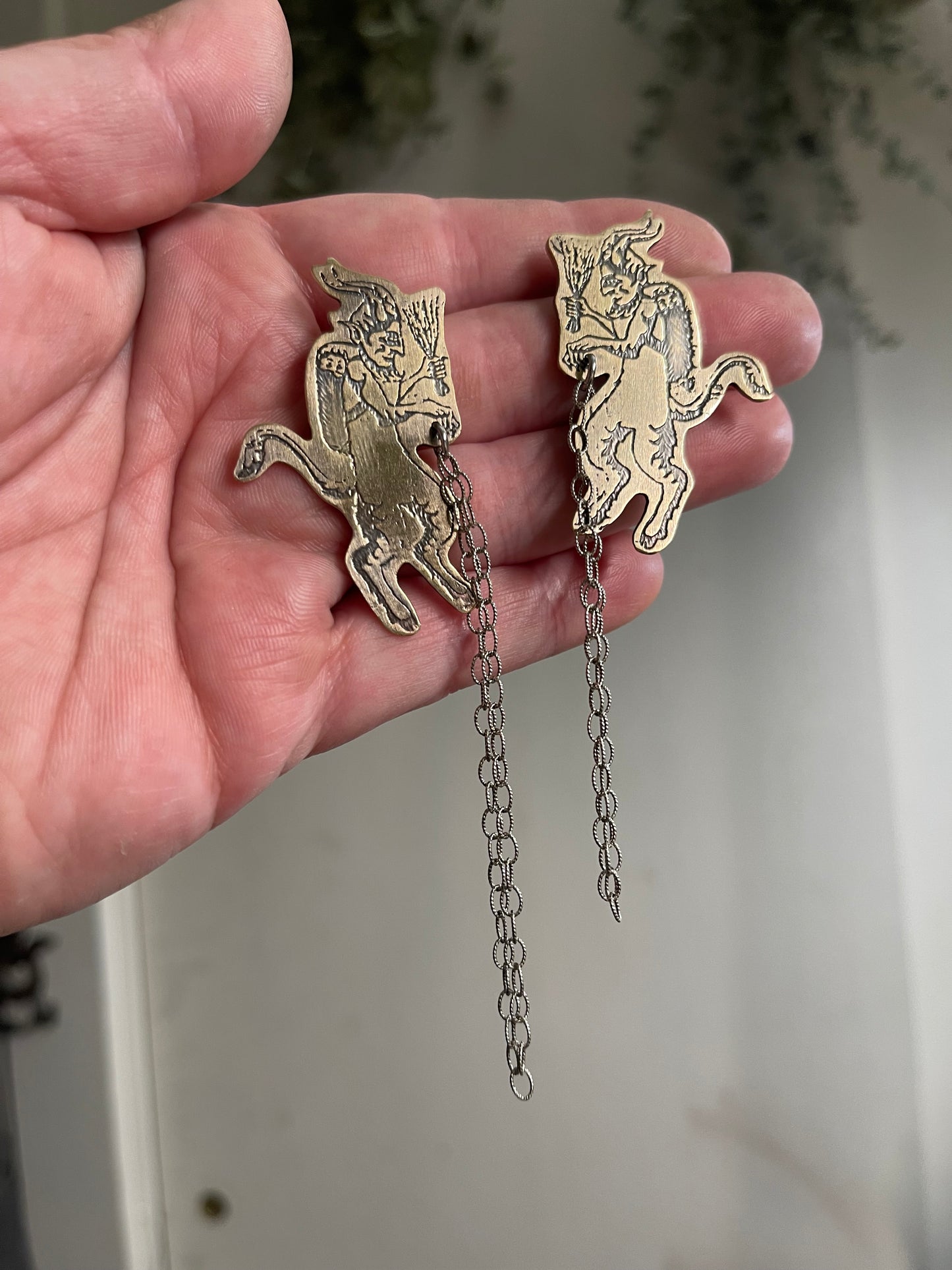 Naughty List • Etched Brass Krampus Stud Dangle Earrings