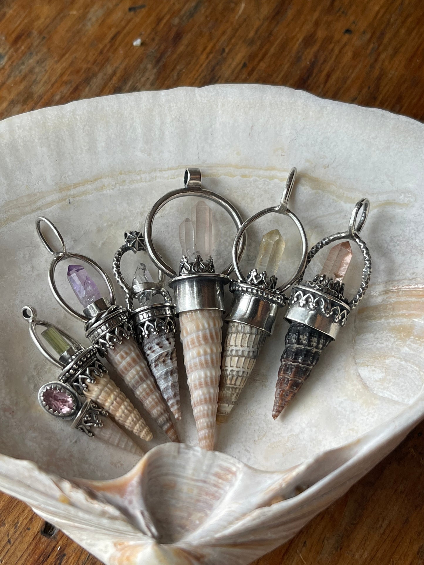 *The Orange Creamsicle Crystal Cone Seashell Pendant Necklace • Tourmlaine and Sterling Silver