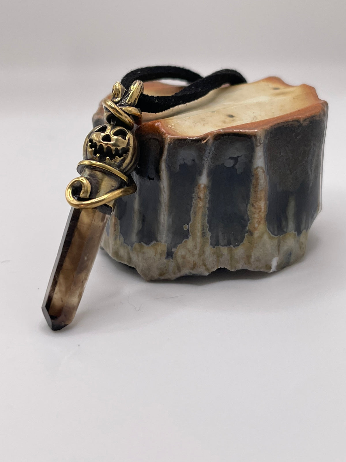 *Sleepy Hollow • Brass Jack-o-lantern Phantom Smokey Quartz Crystal Charm