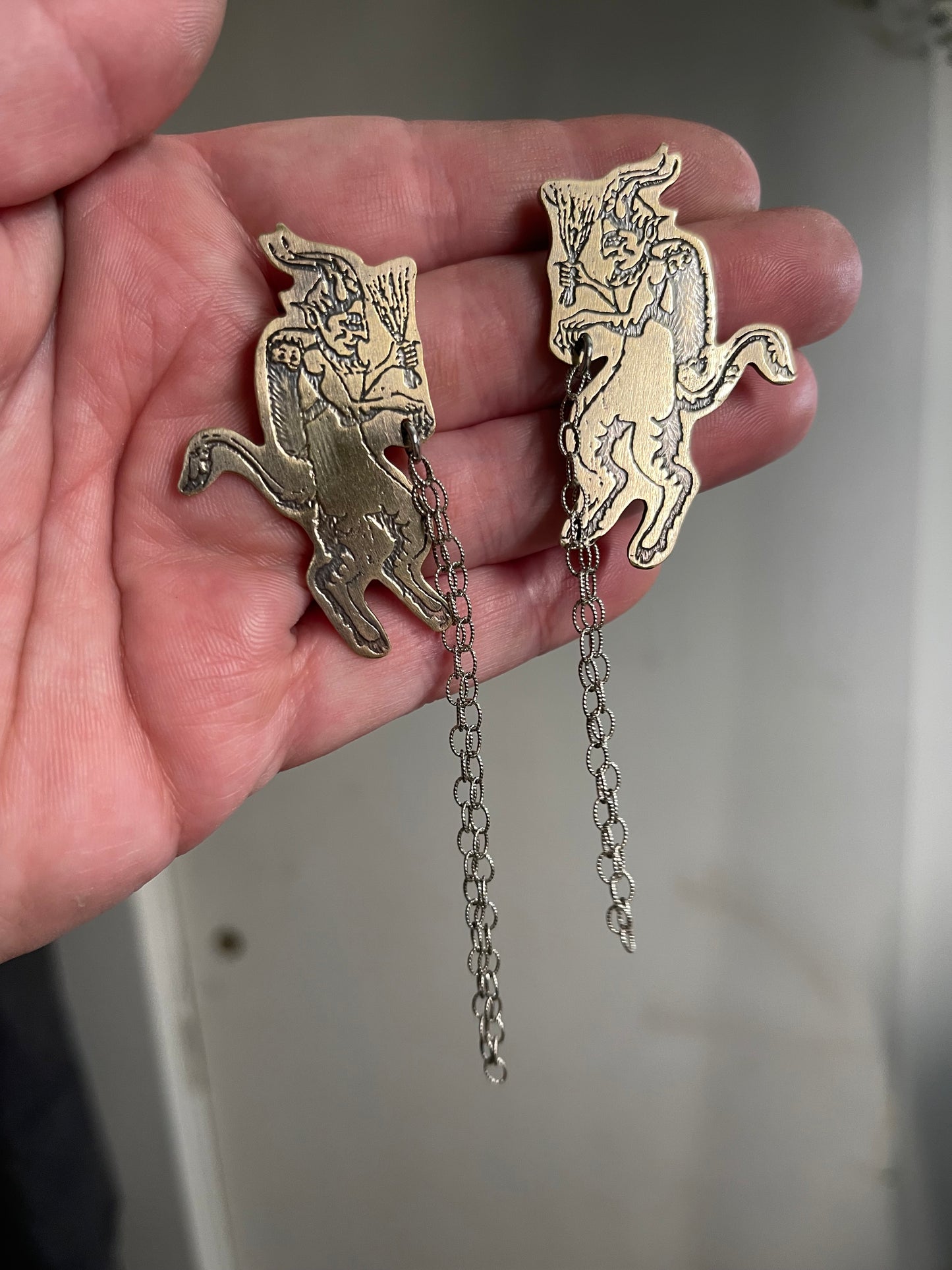 Naughty List • Etched Brass Krampus Stud Dangle Earrings