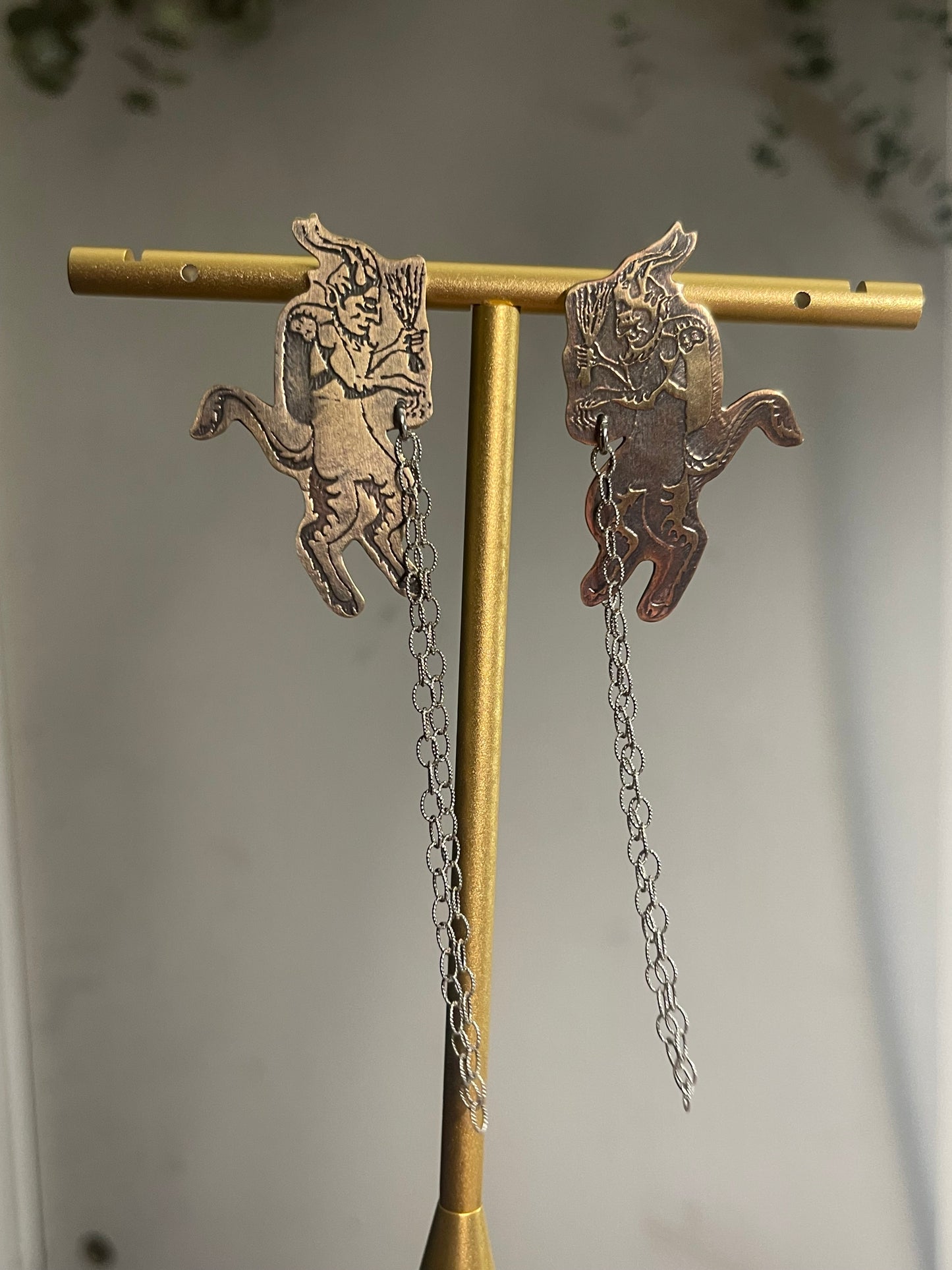 Naughty List • Etched Brass Krampus Stud Dangle Earrings