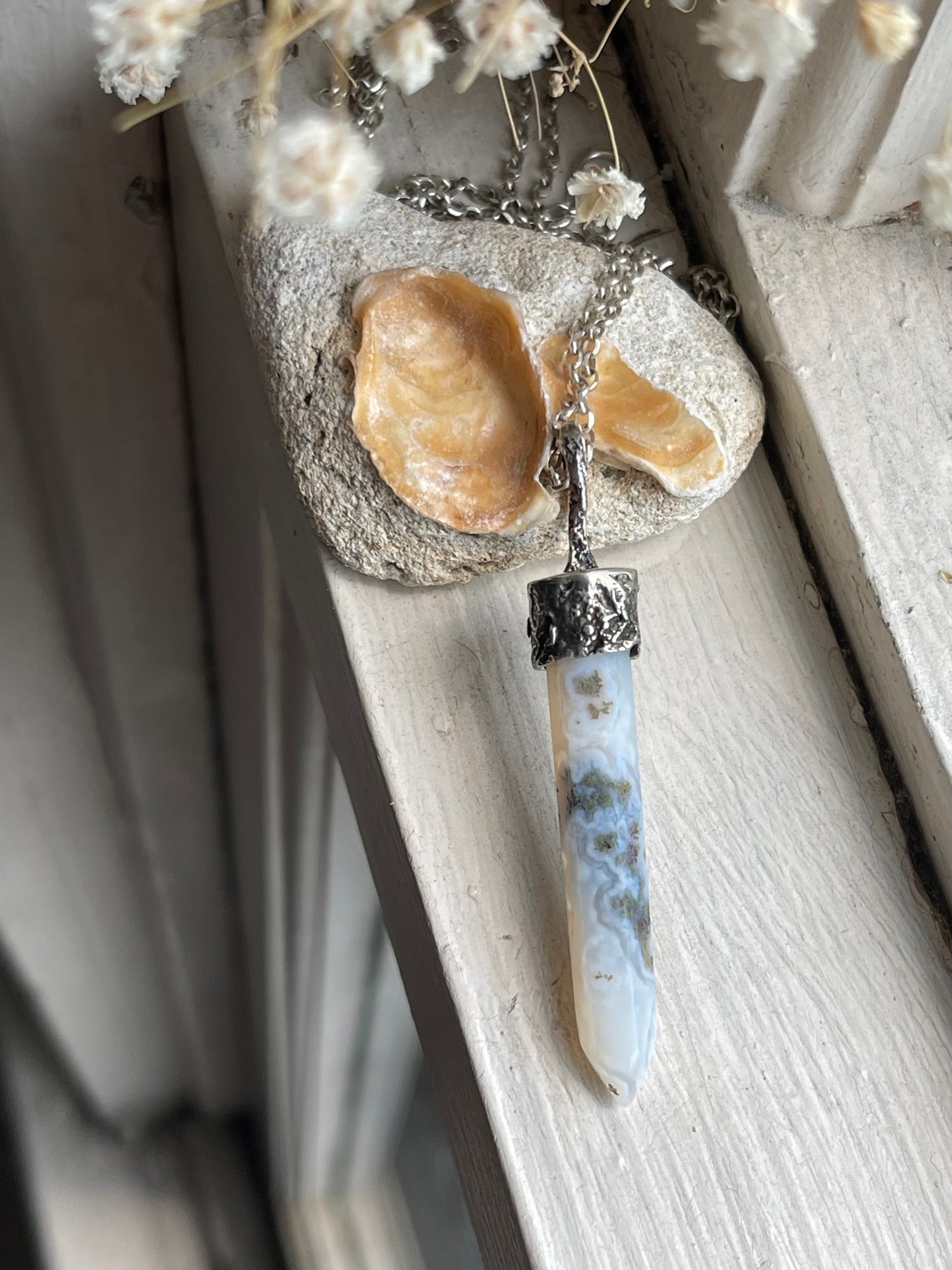 *Sea Mist • Moss Agate Crystal Pendant Necklace • Reticulated Silver