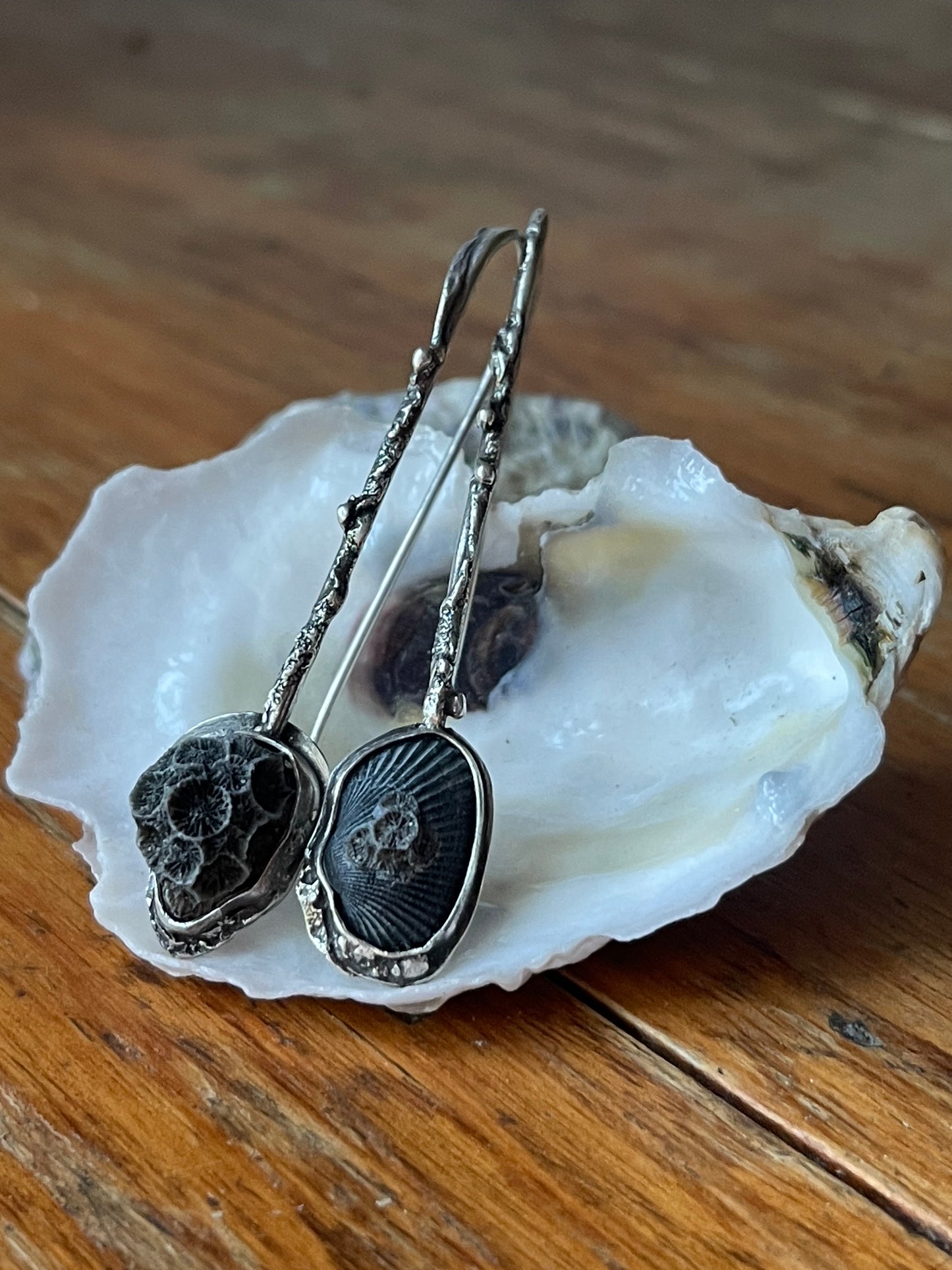 *Smoke & Coral • Seashell & Coral Reticulated Silver Drop Earrings