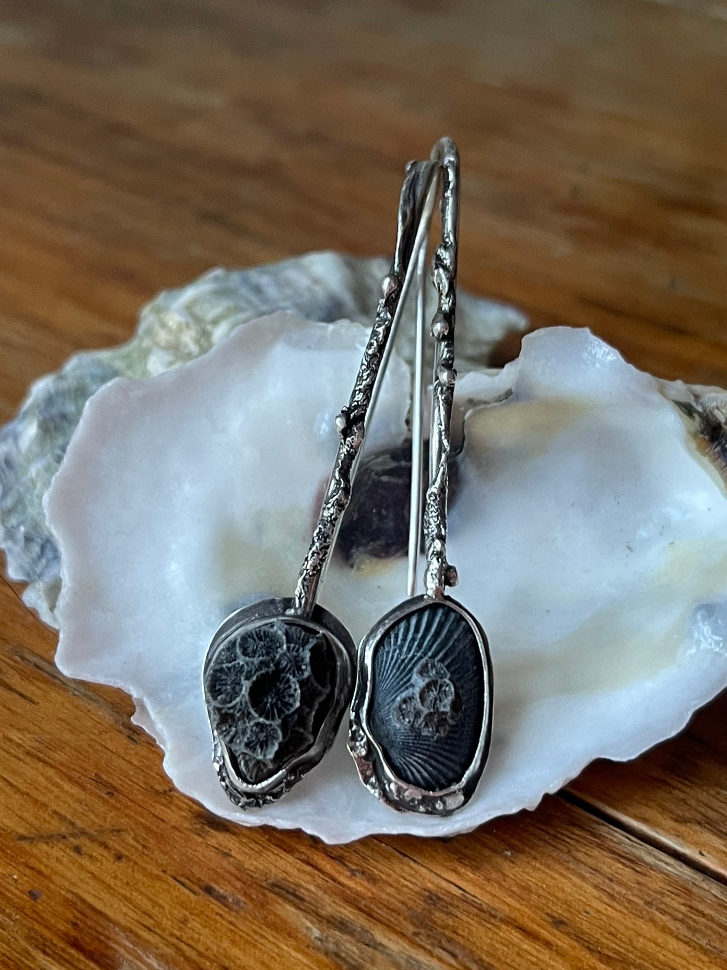 *Smoke & Coral • Seashell & Coral Reticulated Silver Drop Earrings