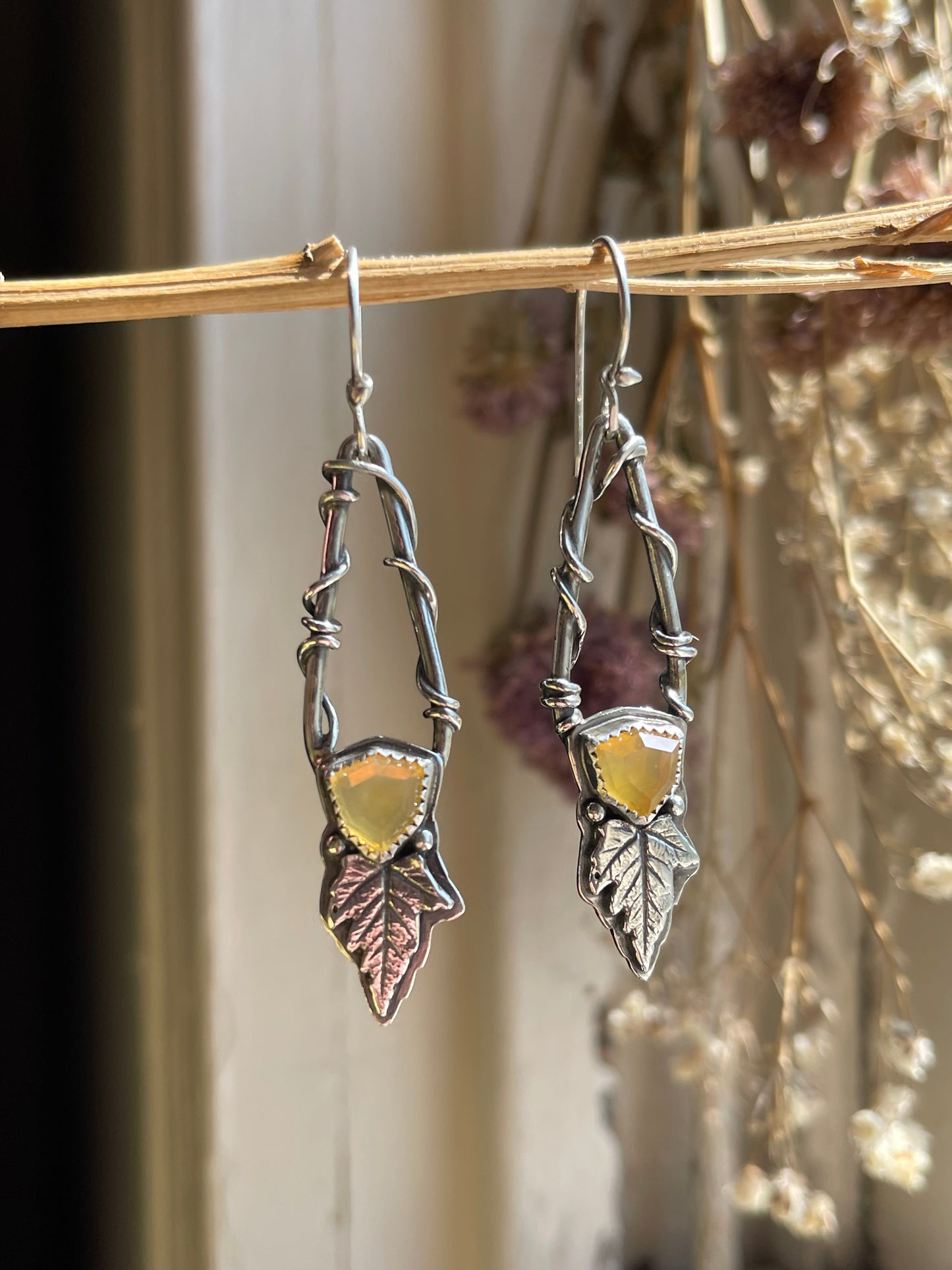 Leaves of Lórien • Oregon Fire Opal Leaf Drop Dangle Earrings