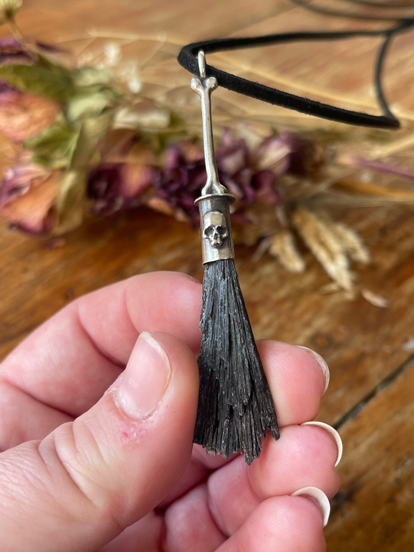 *Gothic Bone Witch Crystal Broom Pendant