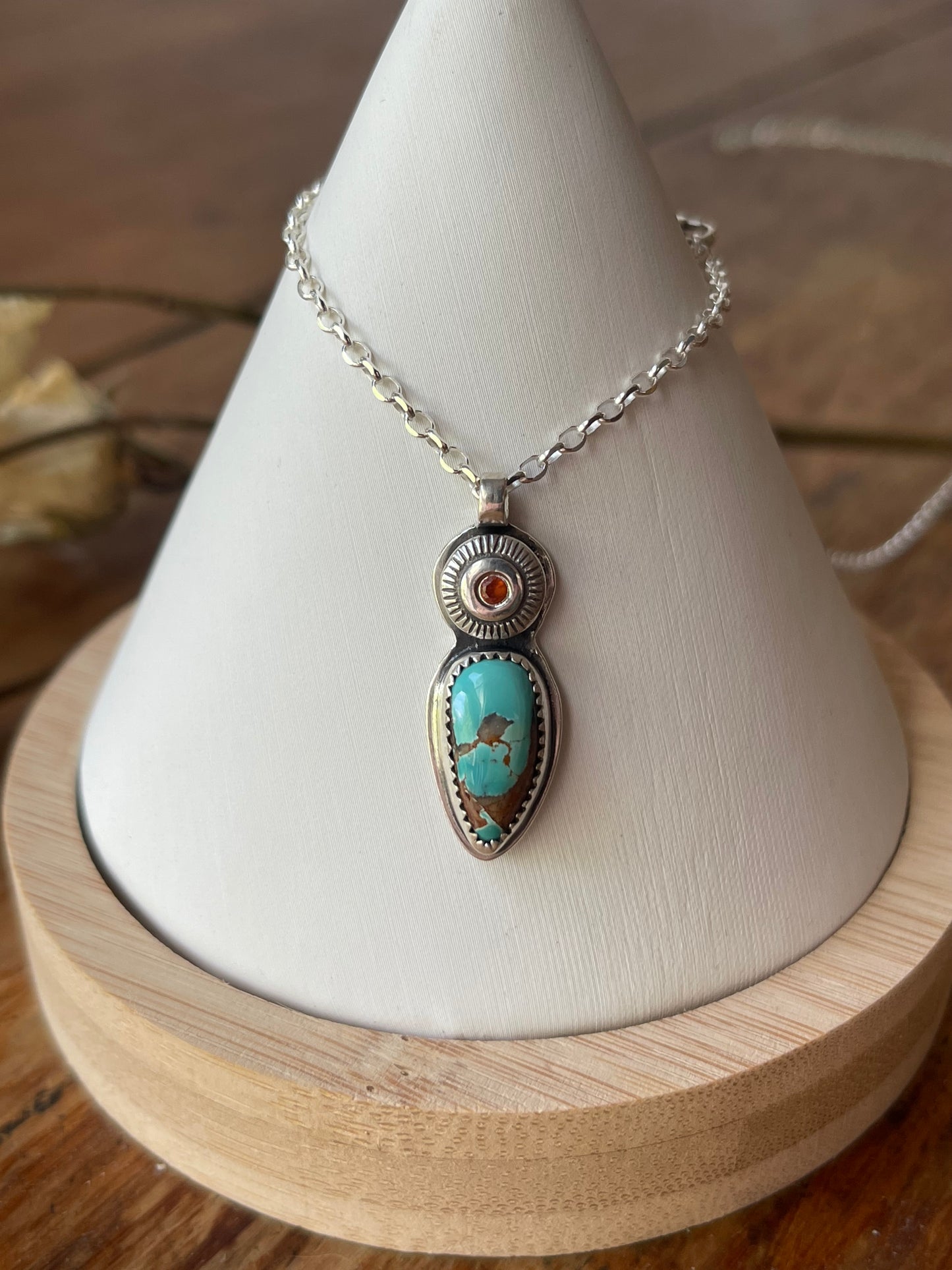 *Sailing on the Sun • Royston Turquoise & Hessonite Garnet Pendant Necklace • Fine Silver