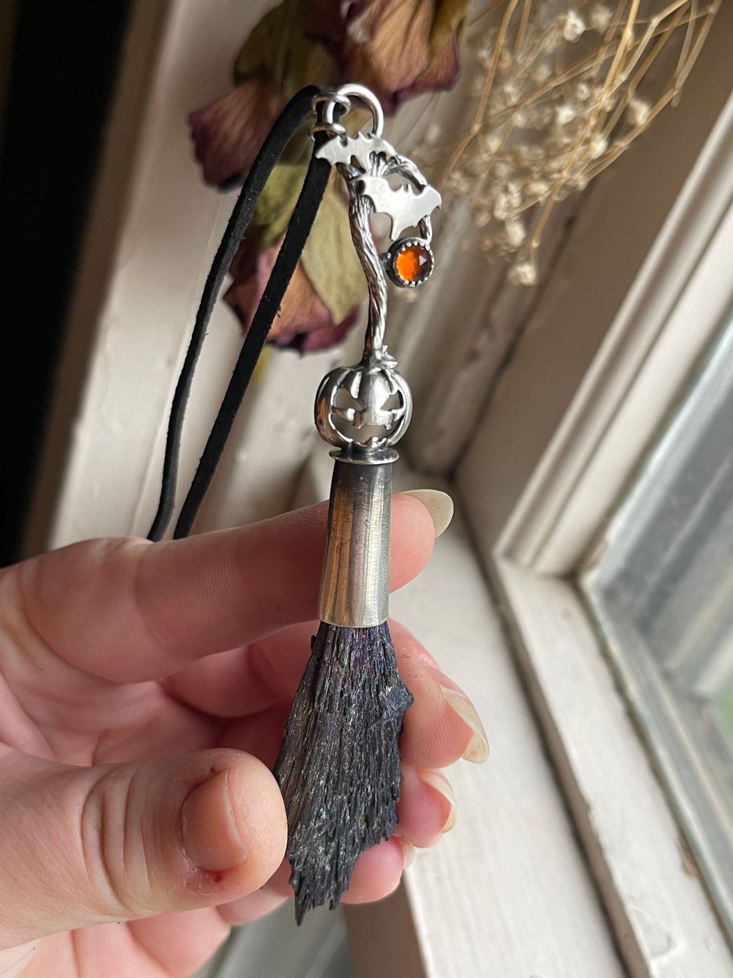 Pumpkin Patch Witch Crystal Broom Pendant