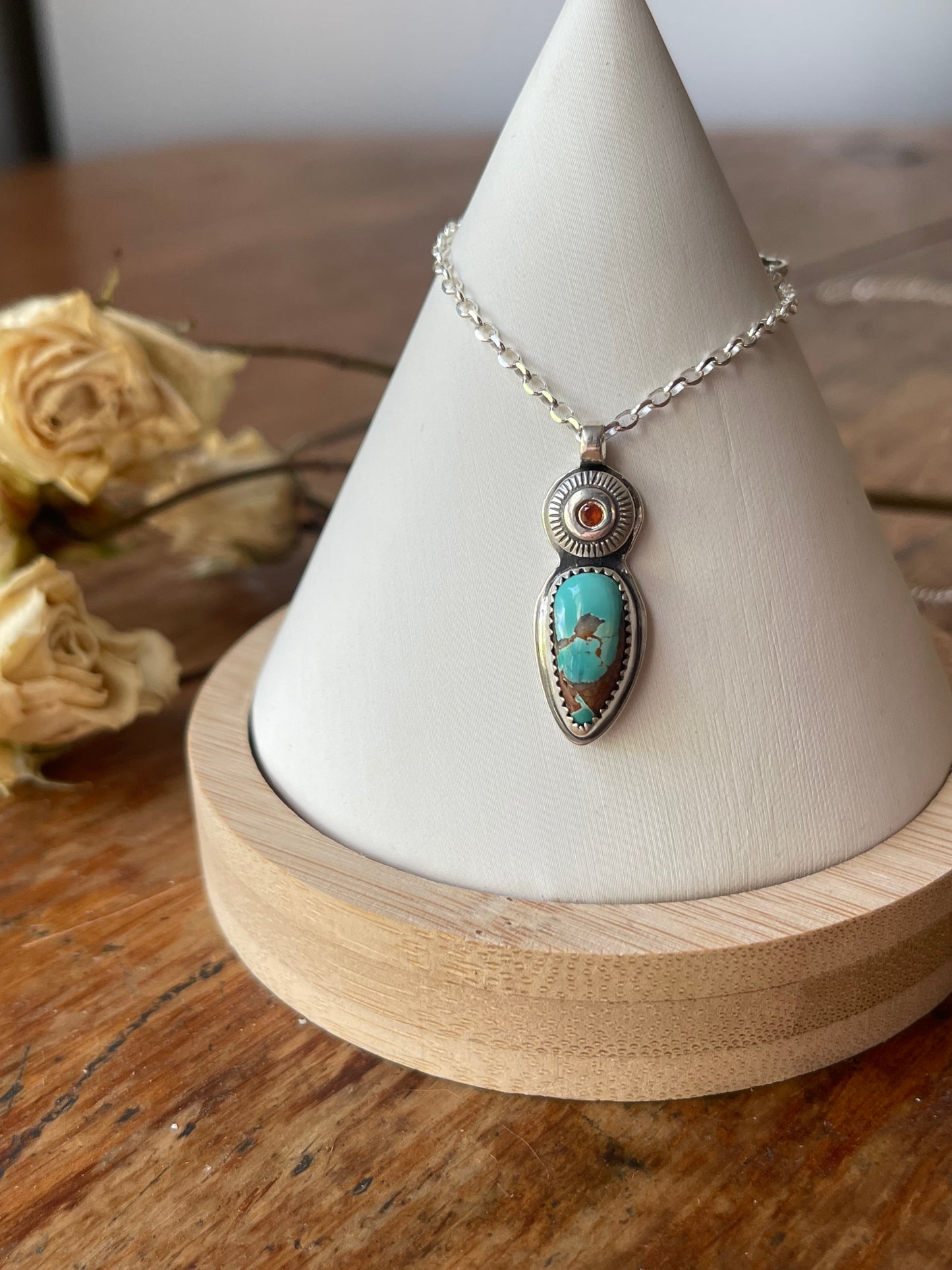 *Sailing on the Sun • Royston Turquoise & Hessonite Garnet Pendant Necklace • Fine Silver