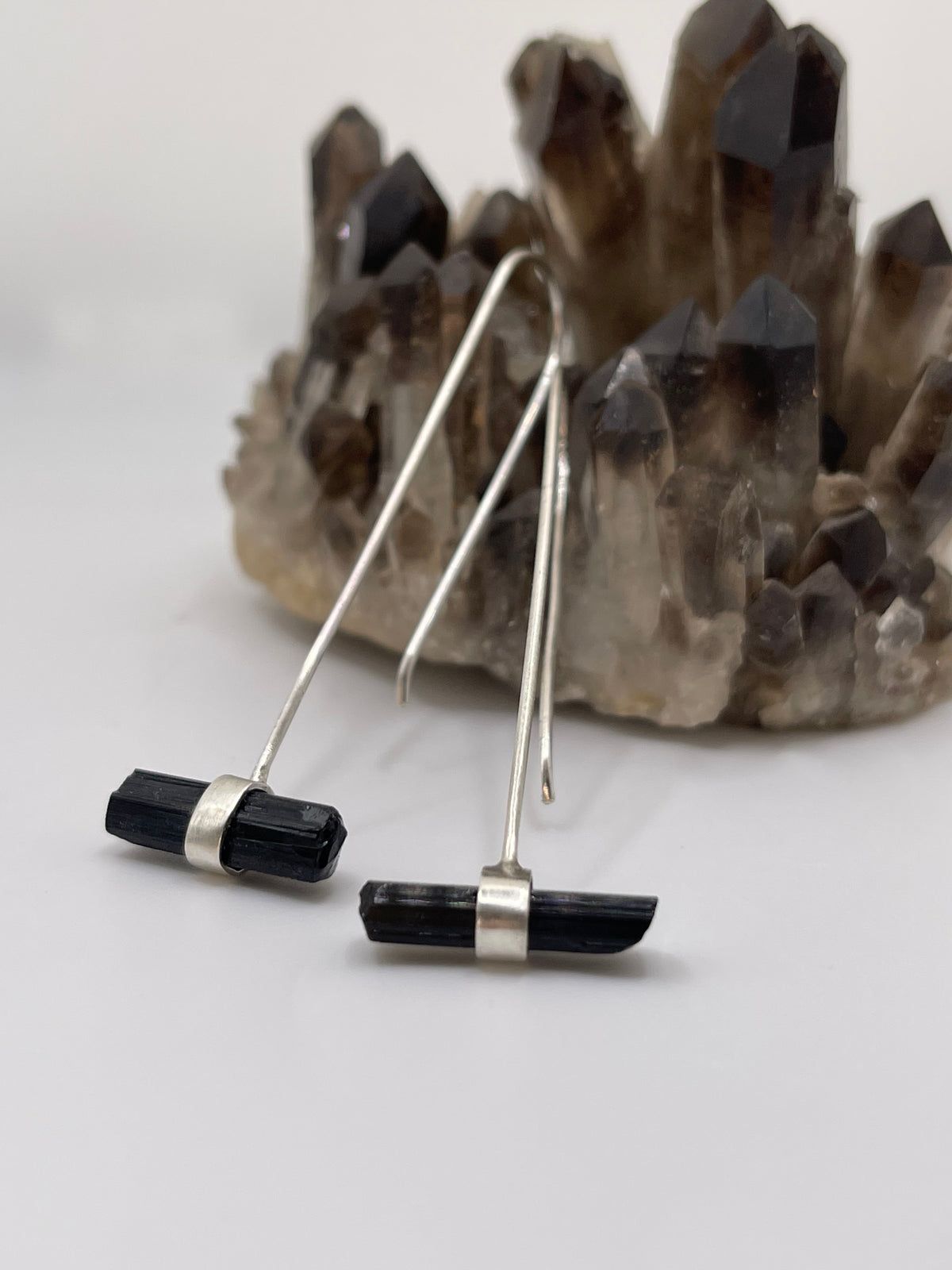 *Dark Green Tourmaline Crystal Bar Drop Earrings • Sterling Silver