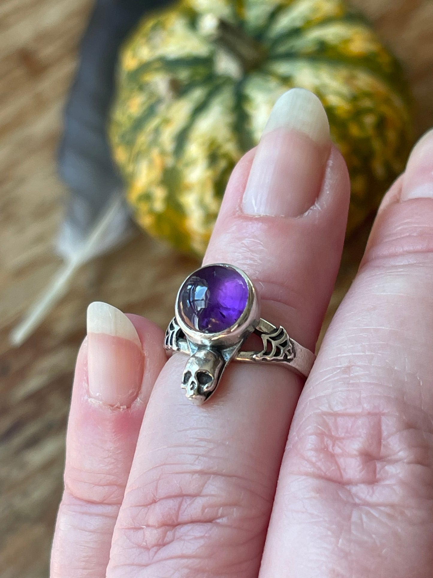 *Elvira • Glowing Amethyst Spiderweb Skull Ring Size 5