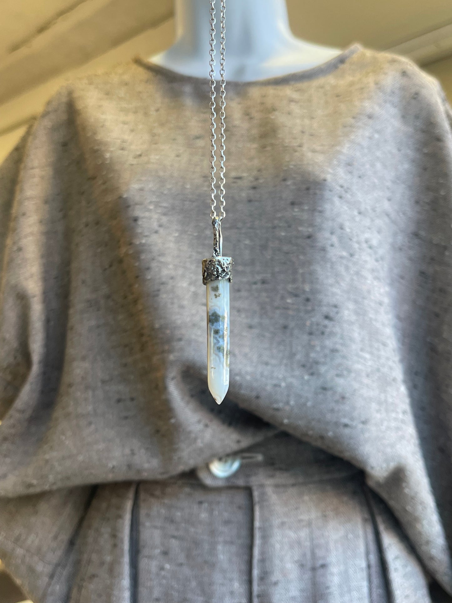 *Sea Mist • Moss Agate Crystal Pendant Necklace • Reticulated Silver