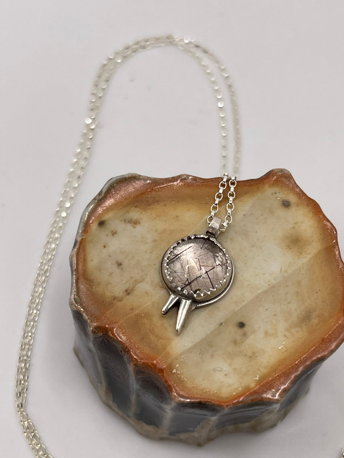 *Black Rutilated Quartz Spiked Charm Pendant Necklace • Sterling Silver