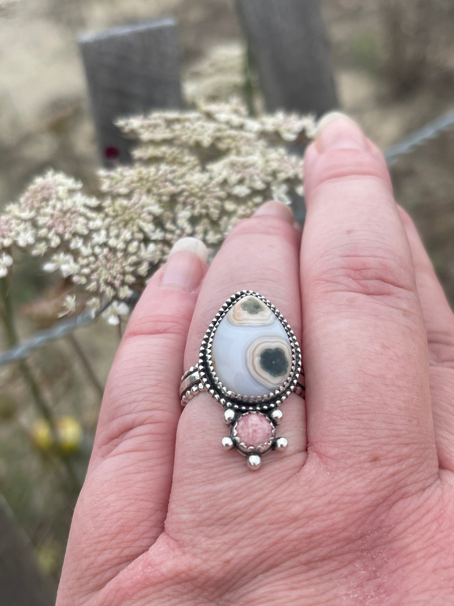 Peachy Kween Ocean Jasper • Rhodochrosite Nautical Statement Ring