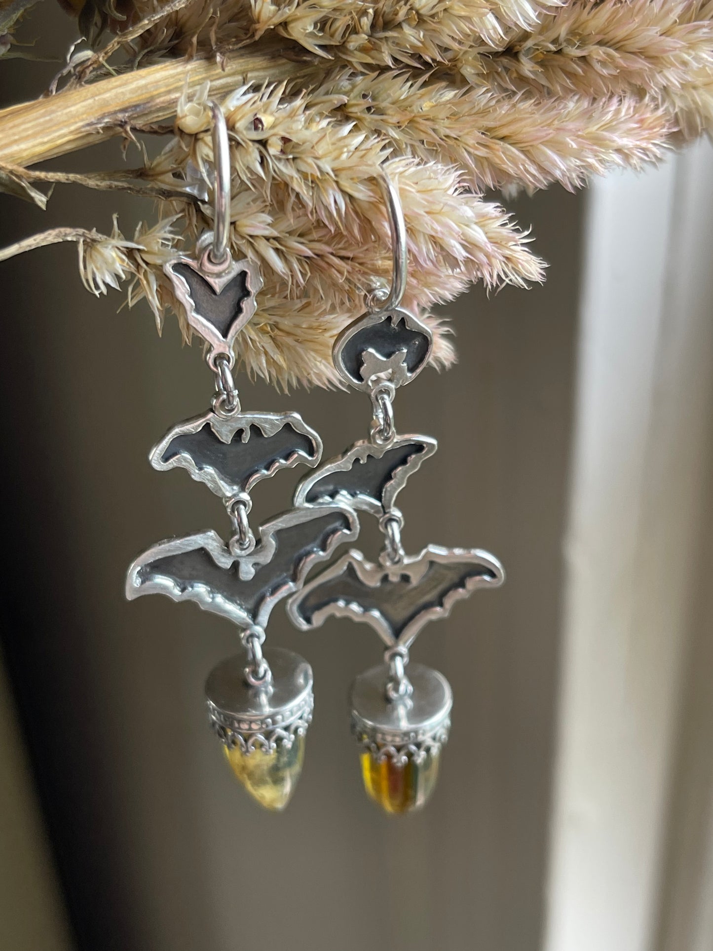 Into the Night: Mexican Amber Bullet Bat Hoop Stud Earrings