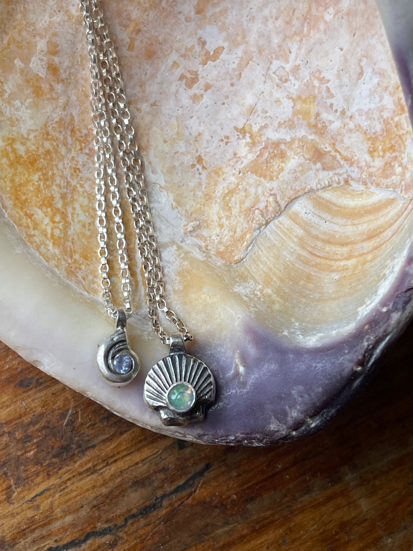 Tiny Tanzanite Swirly Shell Necklace