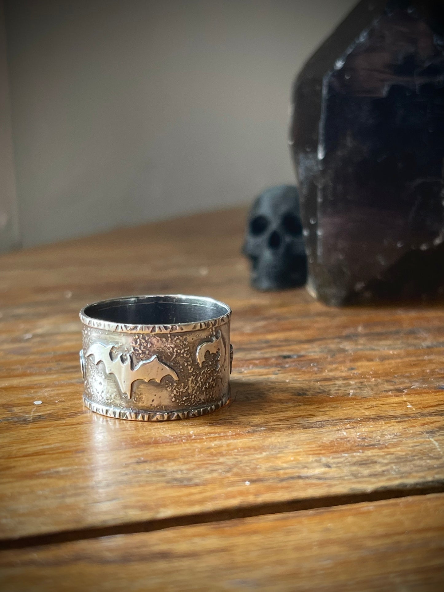 Chaos In The Crypt: Batty Silver Wide Band Ring